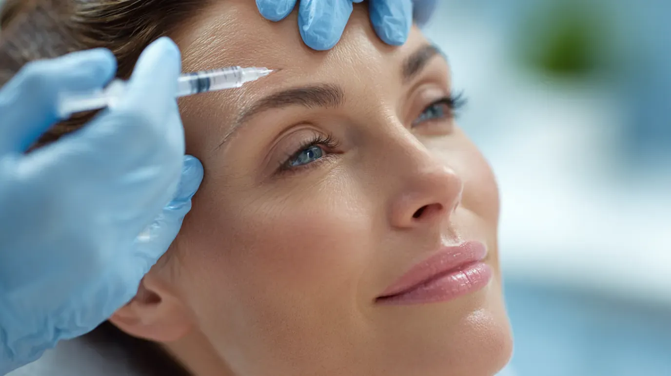 Woman receiving a Botox injection on her forehead, in a medical setting.
