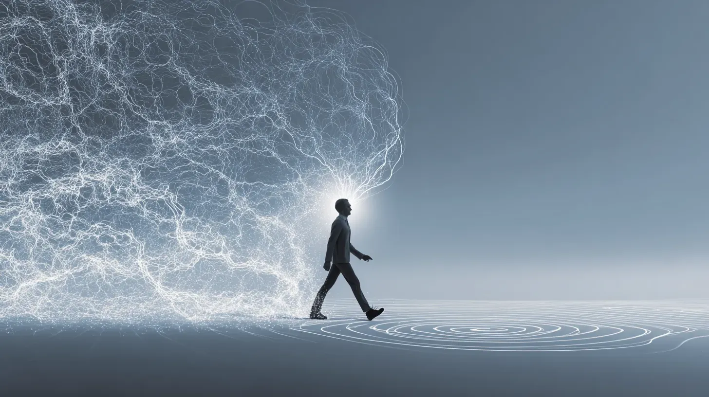 Silhouette of a person walking, glowing head with energy waves emanating, light background.
