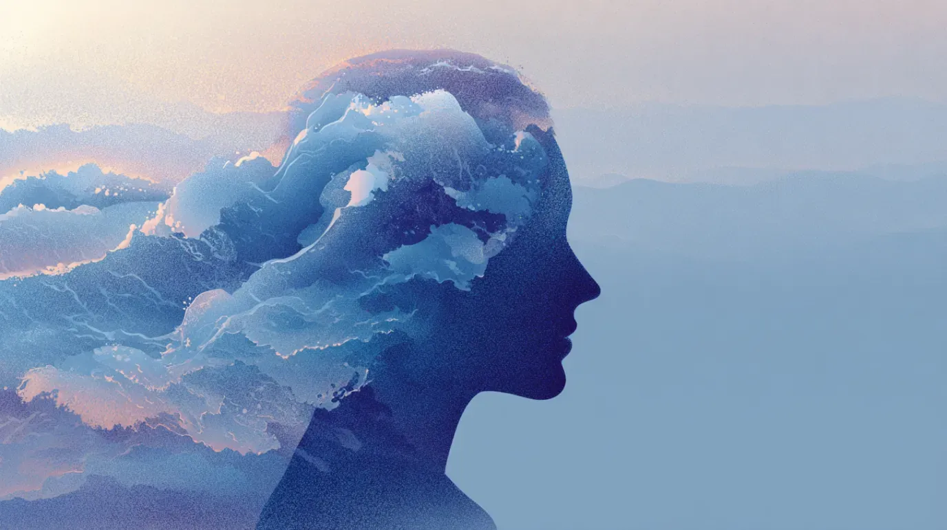 Silhouette of a woman's head filled with ocean waves and clouds, blending into a serene sky.
