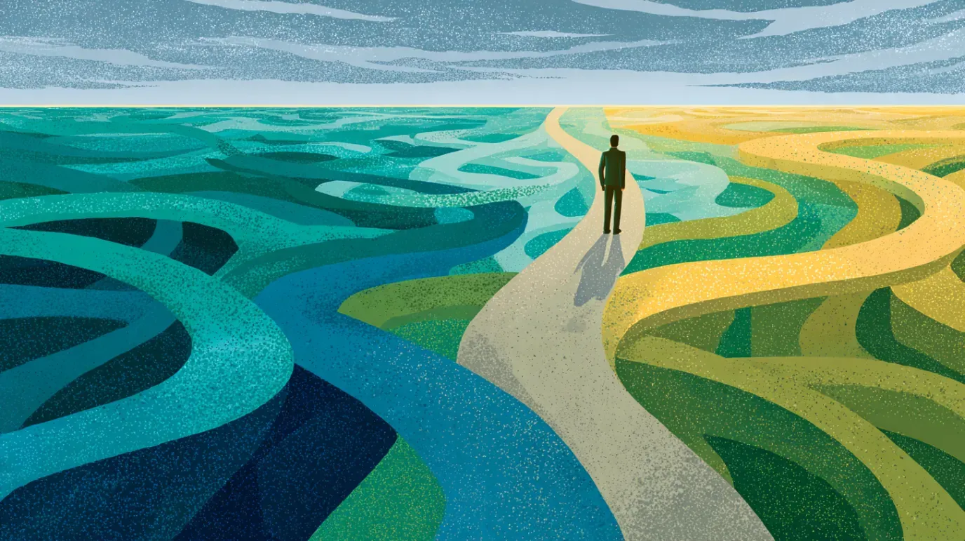 A person stands at a crossroads. Blue, winding paths to the left, yellow to the right.