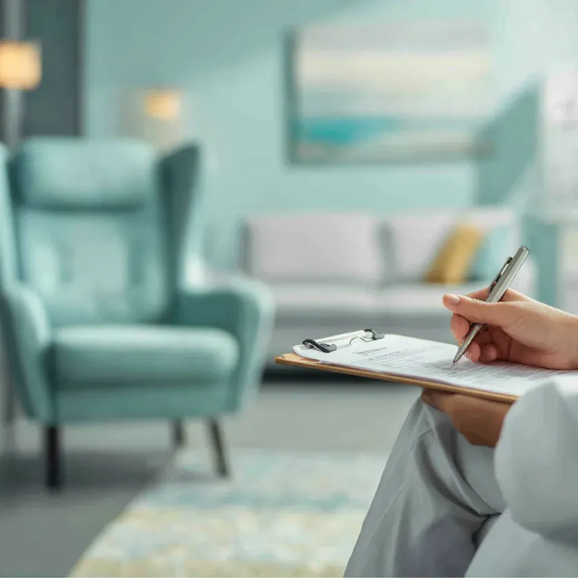 A person writing on a clipboard in a soothing blue-toned therapy room with a large armchair and sofa.