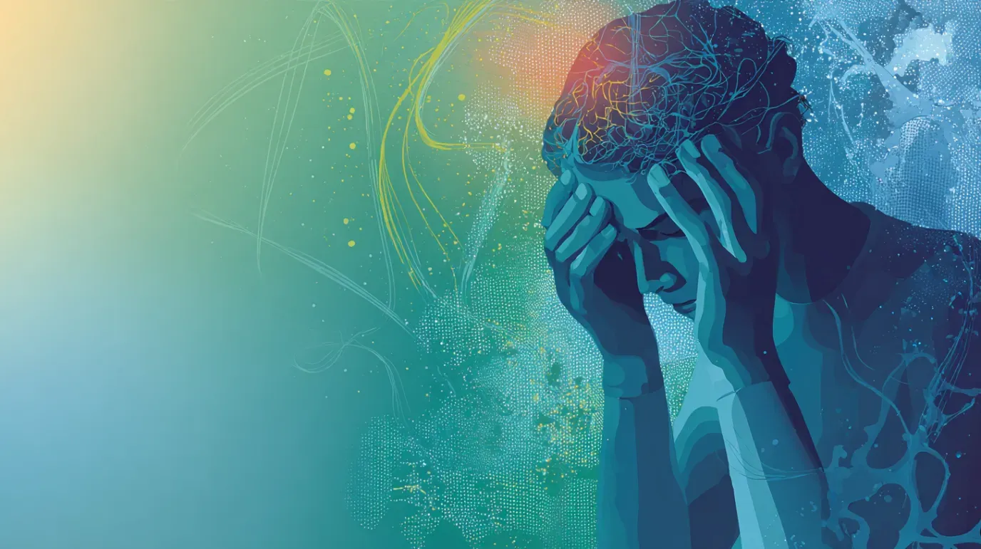 Person with hands on head, appearing stressed, with abstract blue and yellow effects overlaying the background.
