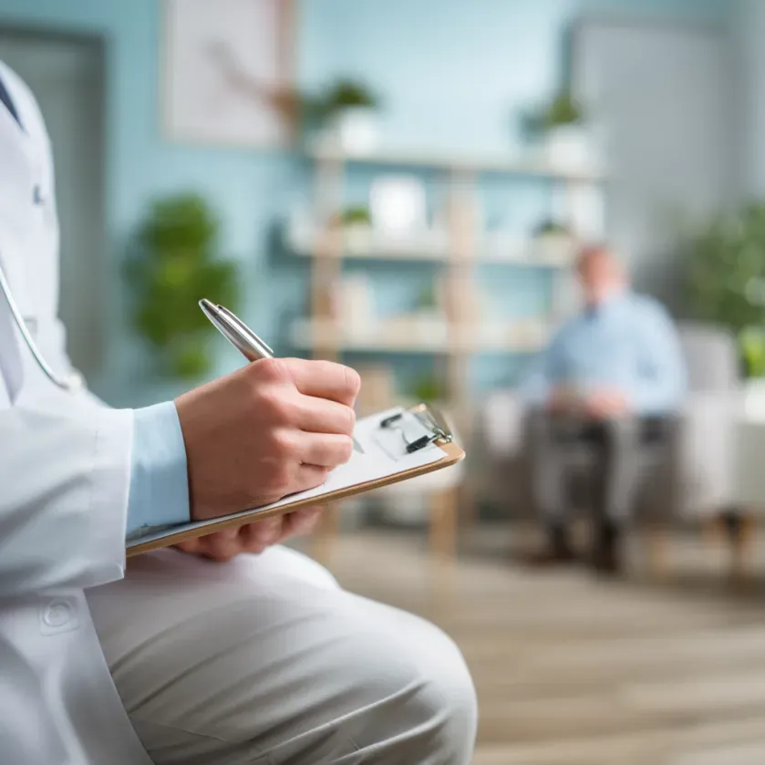 Doctor taking notes on a clipboard; patient in background seated in a room.