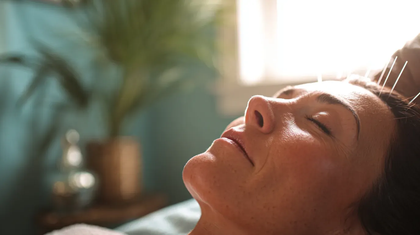 Woman receiving acupuncture, eyes closed, in a calming room. Needles inserted; soft light.