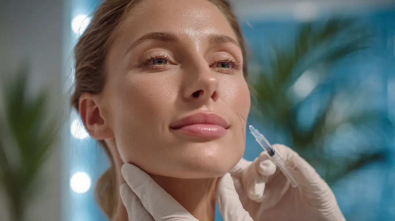 Woman receiving facial injection, gloved hand holding syringe near her cheek.