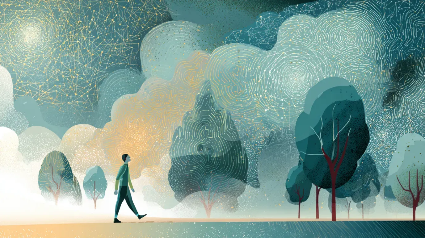 Person walking in a dreamy, pastel-colored park with trees and a starry sky.