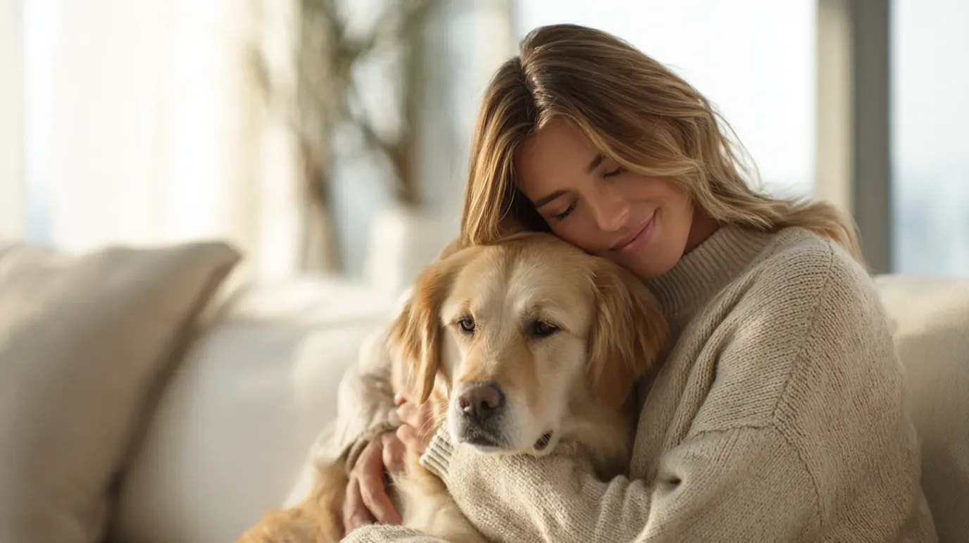 Woman in beige sweater hugs a golden retriever on a couch, both smiling, sunny interior.