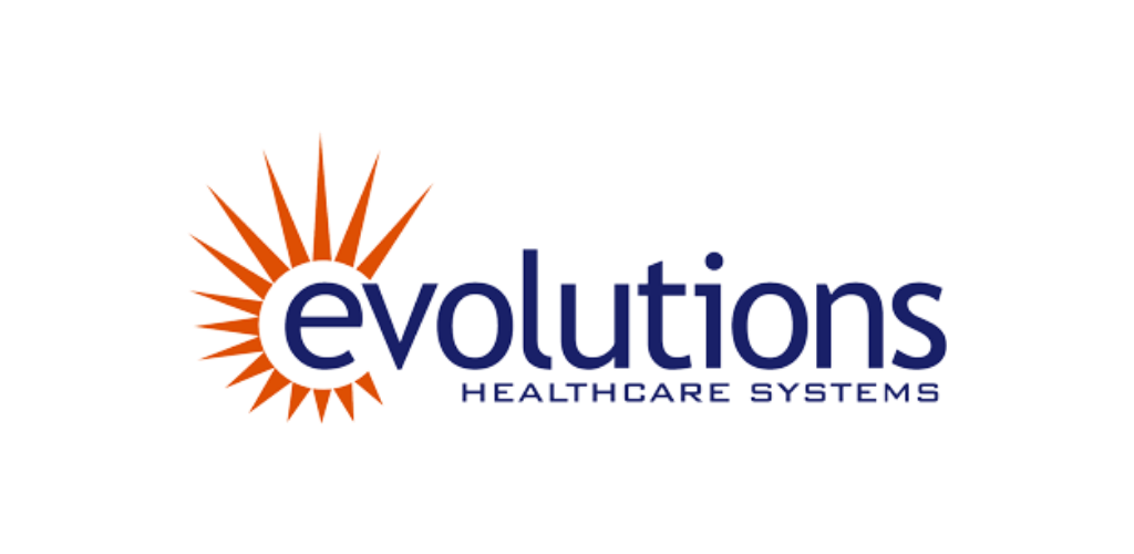 Logo of Evolutions Healthcare Systems: sunburst design with text in dark blue.