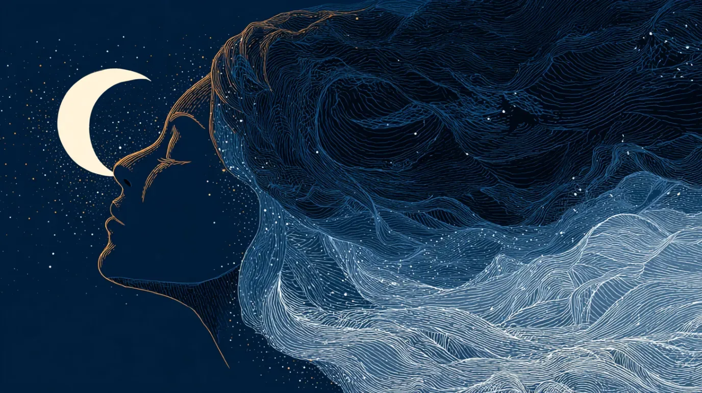 Silhouette of a woman's face with hair that flows into a starry night sky, crescent moon above her head.