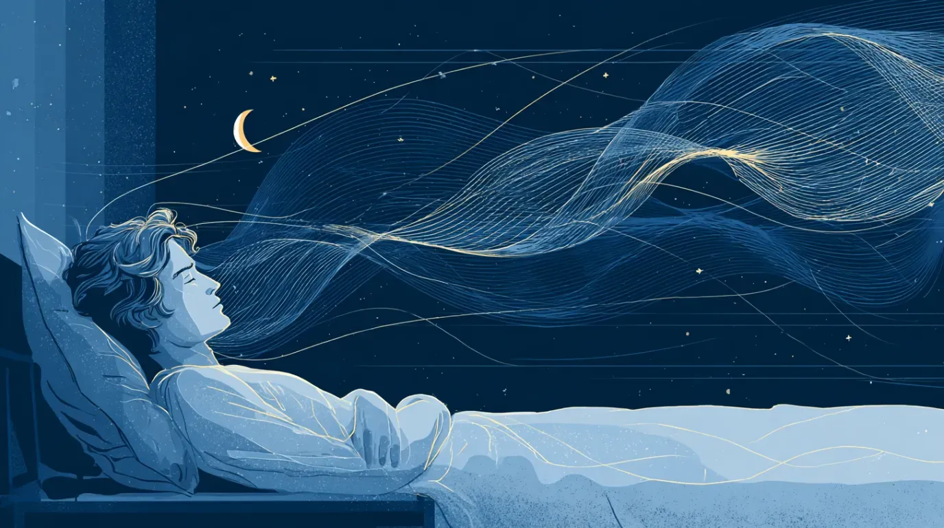 Person asleep in bed, dreaming. Blue tones with waves of light emanating towards a crescent moon.
