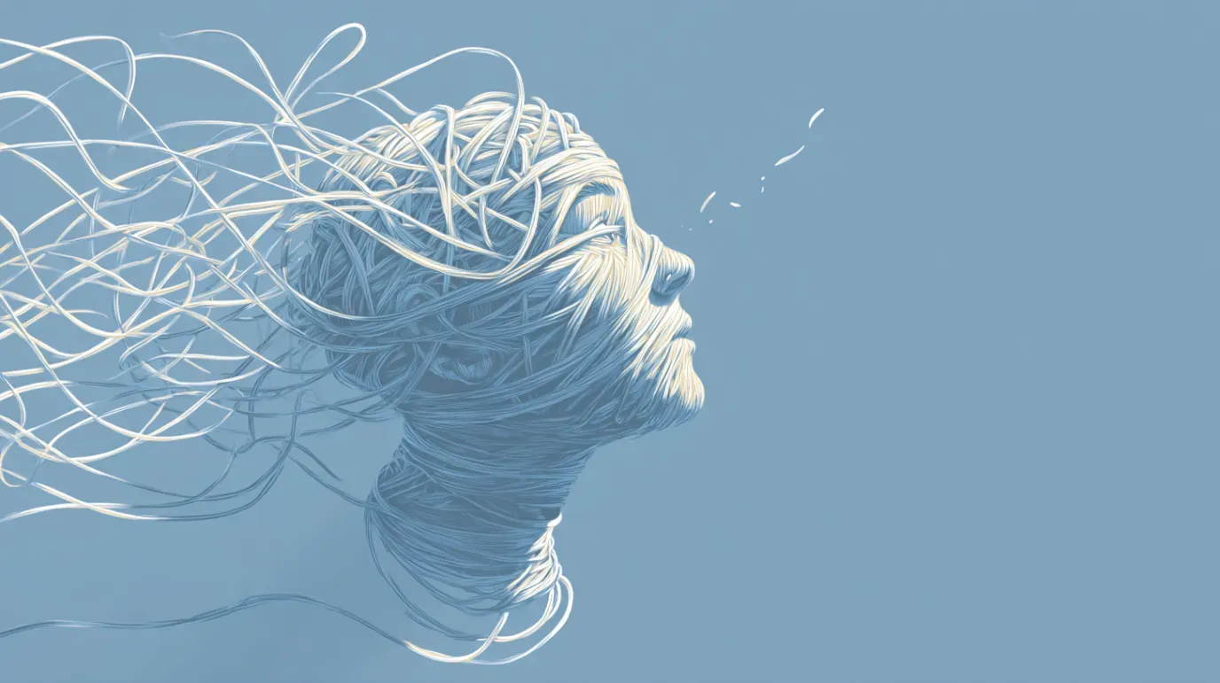 Profile of a person's face made of white string against a blue background, looking upwards.