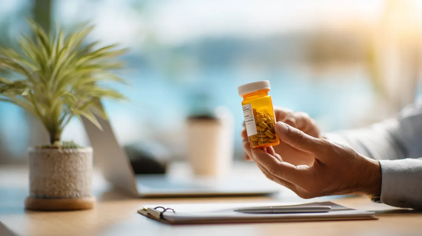 Hands holding prescription pill bottle near a desk with plant, laptop, coffee cup, and paperwork.