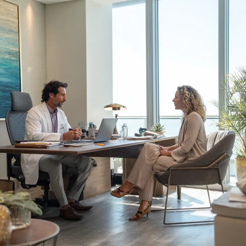 Doctor in white coat consulting with a woman in a well-lit office; ocean view, desk with laptop, plants.