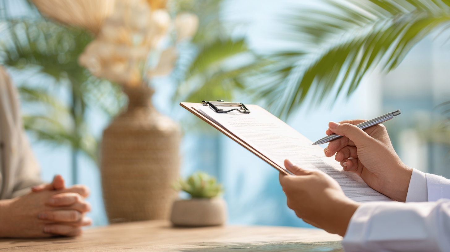 Doctor taking notes on a clipboard while speaking with a patient at a desk, with plants in the background.