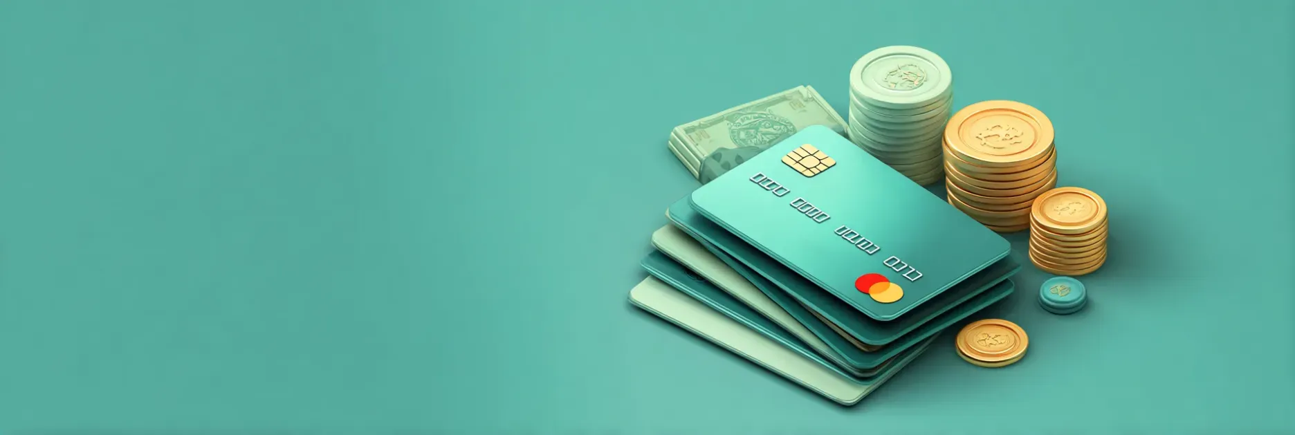 Credit cards, stacks of coins, and paper money on a teal background.