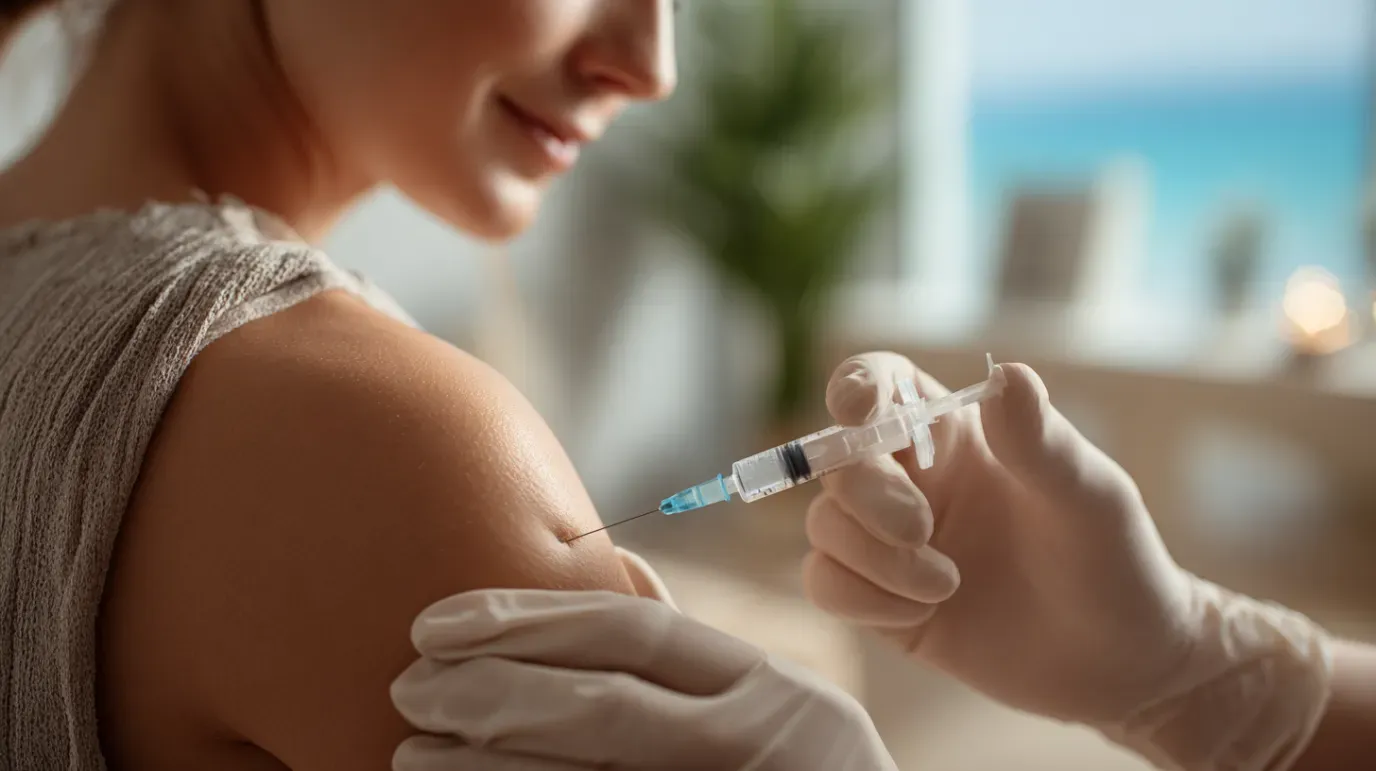 Person receiving a vaccine injection in arm, indoors, by a gloved hand. Light skin and a smiling expression.
