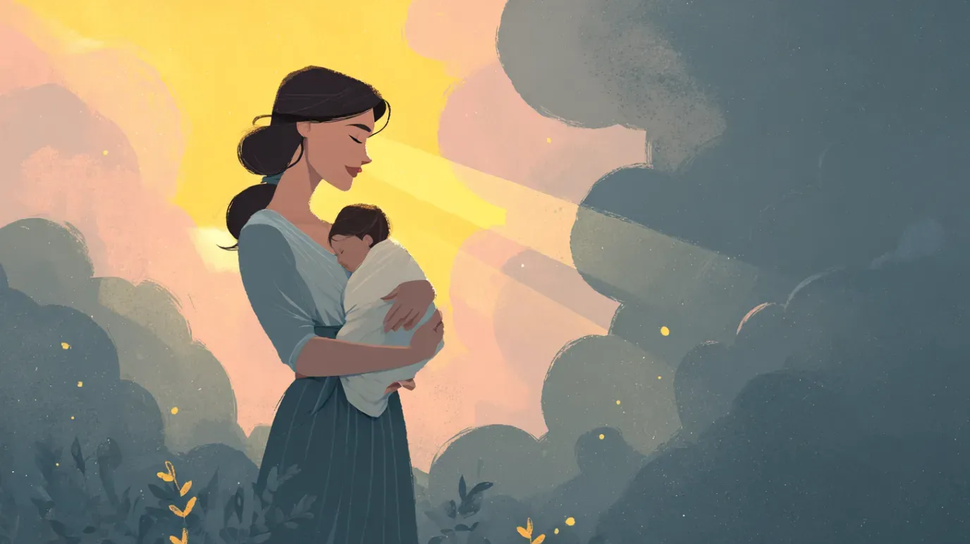 Mother cradles a sleeping baby, bathed in sunlight, soft colors, peaceful outdoor setting.