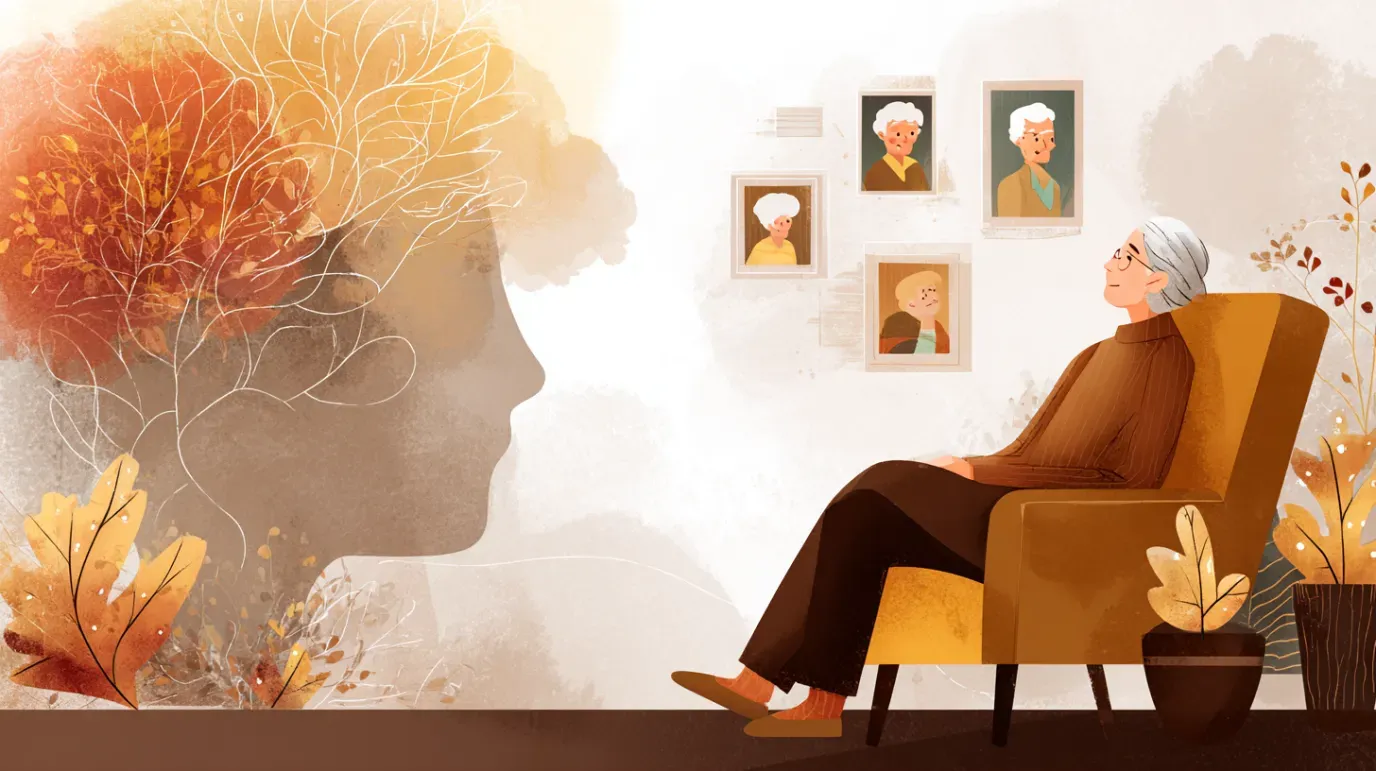 Elderly woman in armchair looks at portraits of herself, with floral brain.