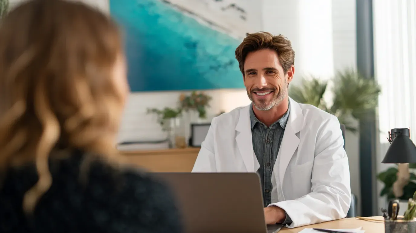 Smiling doctor in white coat at desk, talking to a woman.