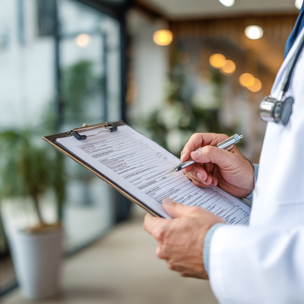 Doctor in white coat with stethoscope writing on a clipboard in a medical setting.