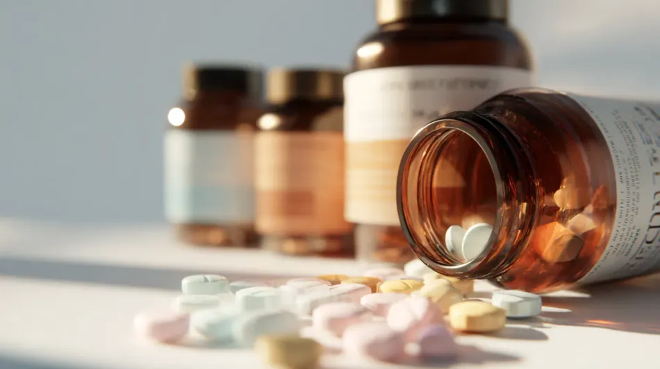 Pills spilling from an amber bottle onto a white surface, with more pill bottles blurred in the background.