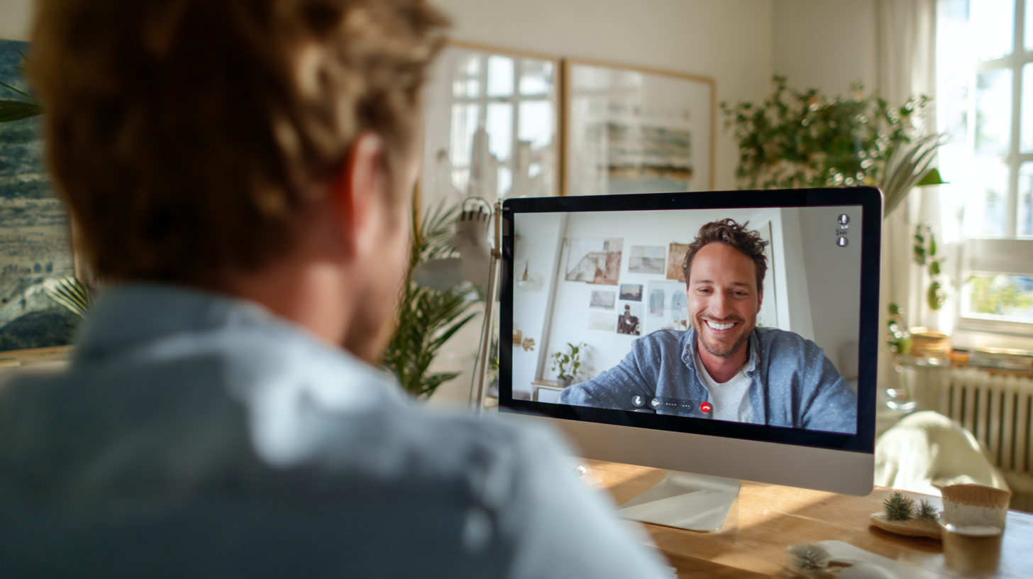 Man on video call with another man, both smiling. Home office setting.