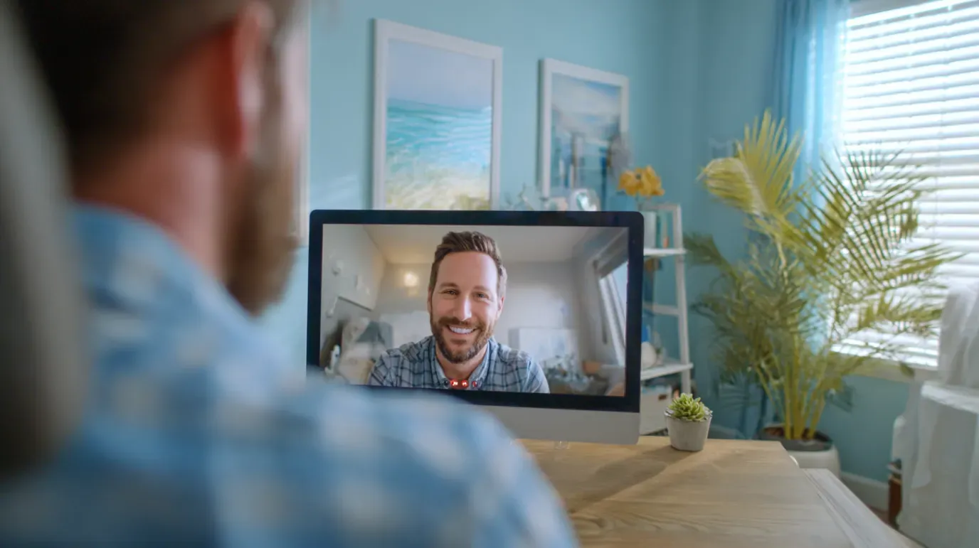 Man on video call with another man, both smiling. Interior, light blue room, desk with computer.