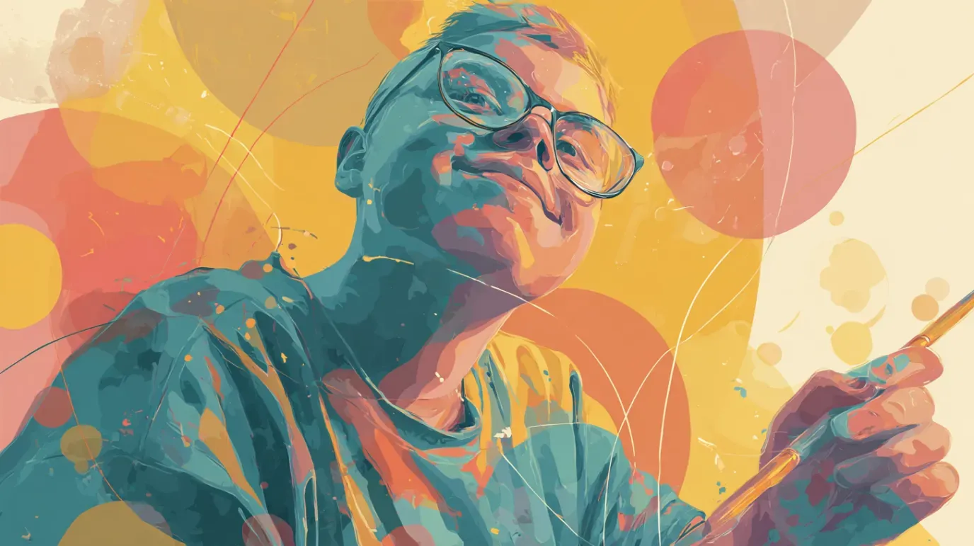 A person wearing glasses and painting, smiling; colorful, abstract background with circles.