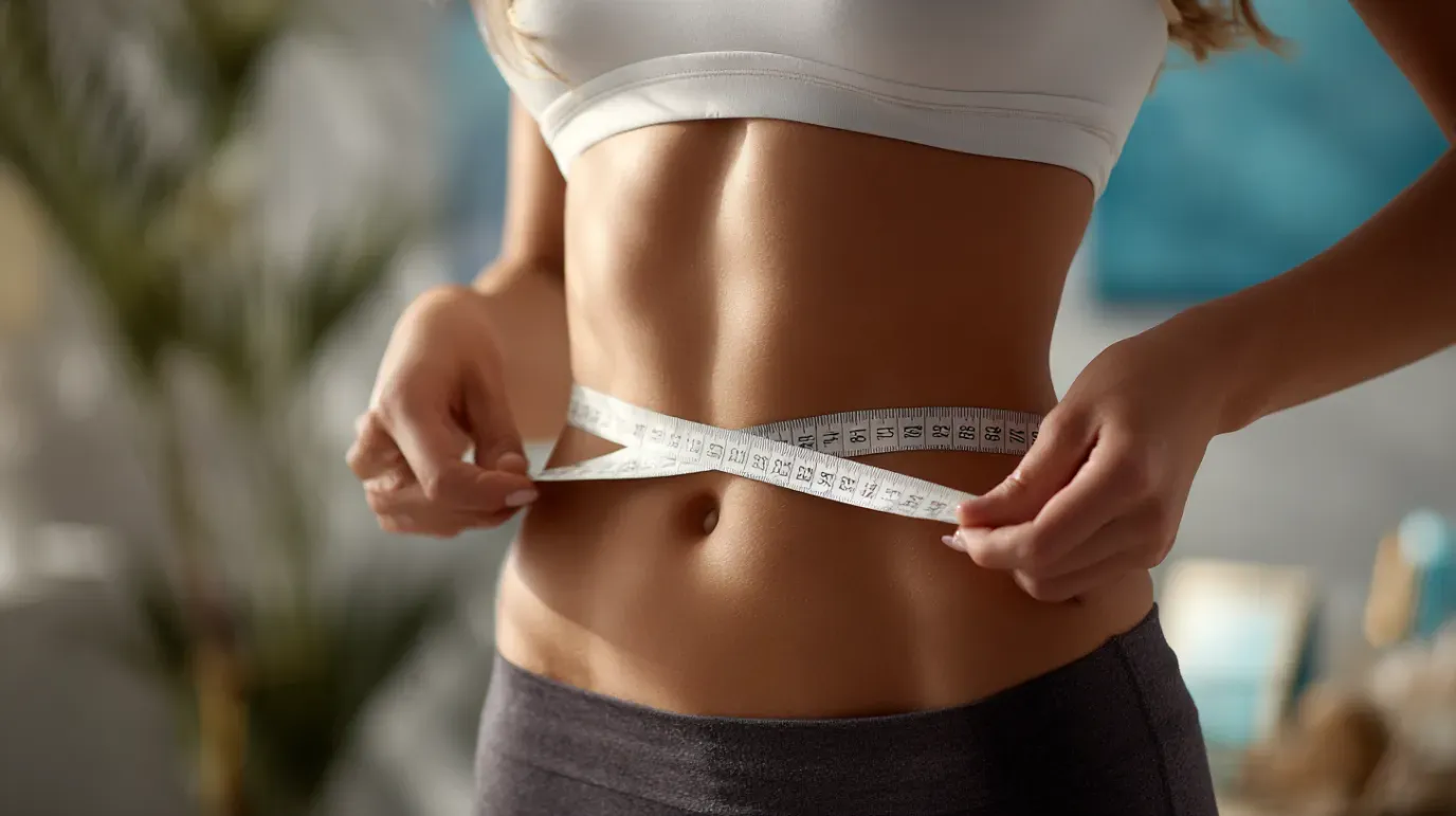 Woman measures her waist with a measuring tape; she's wearing a white sports bra and gray pants.