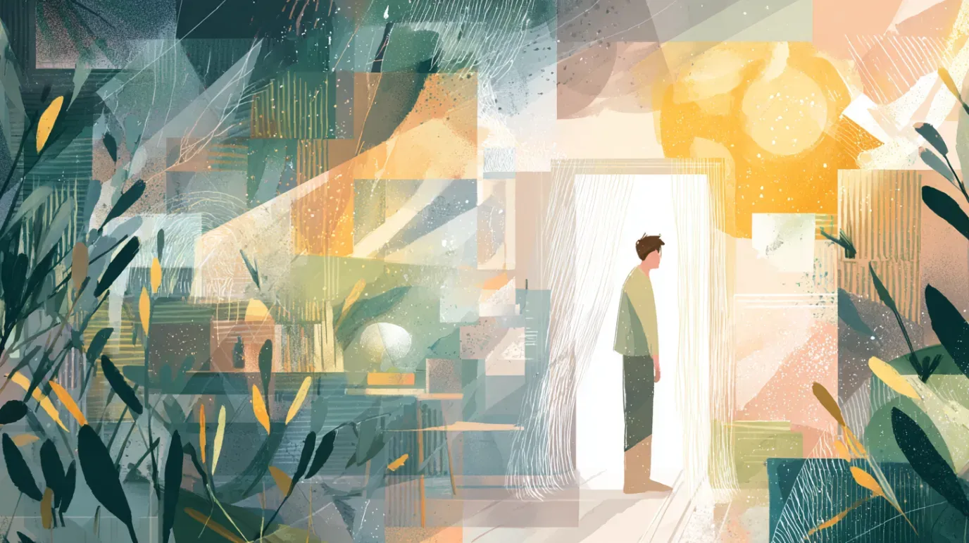Man in doorway looking towards bright light, surrounded by plants and geometric shapes.
