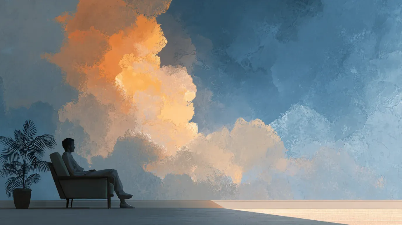 Person sitting in a chair, looking at a vibrant cloudscape. Soft colors of orange, blue, and white.