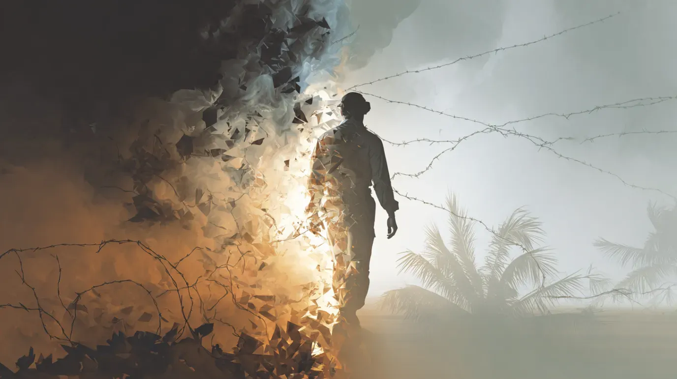 Silhouette of a soldier walking through a war-torn landscape, transitioning to a peaceful setting.