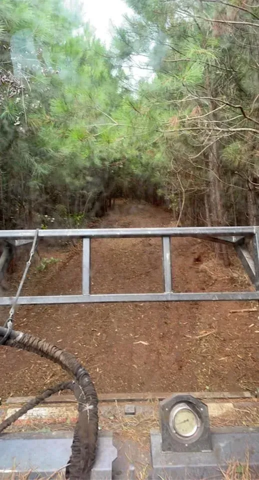 View from a tractor cab looking down a dirt path cleared through a dense, wooded forest.