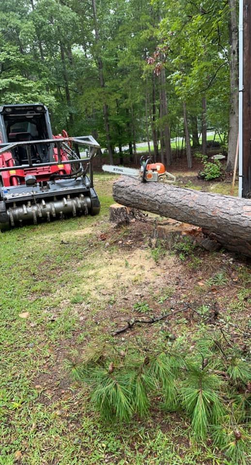 A red skid steer with a forestry mulcher attachment sits in a grassy yard near a large, freshly cut fallen tree.