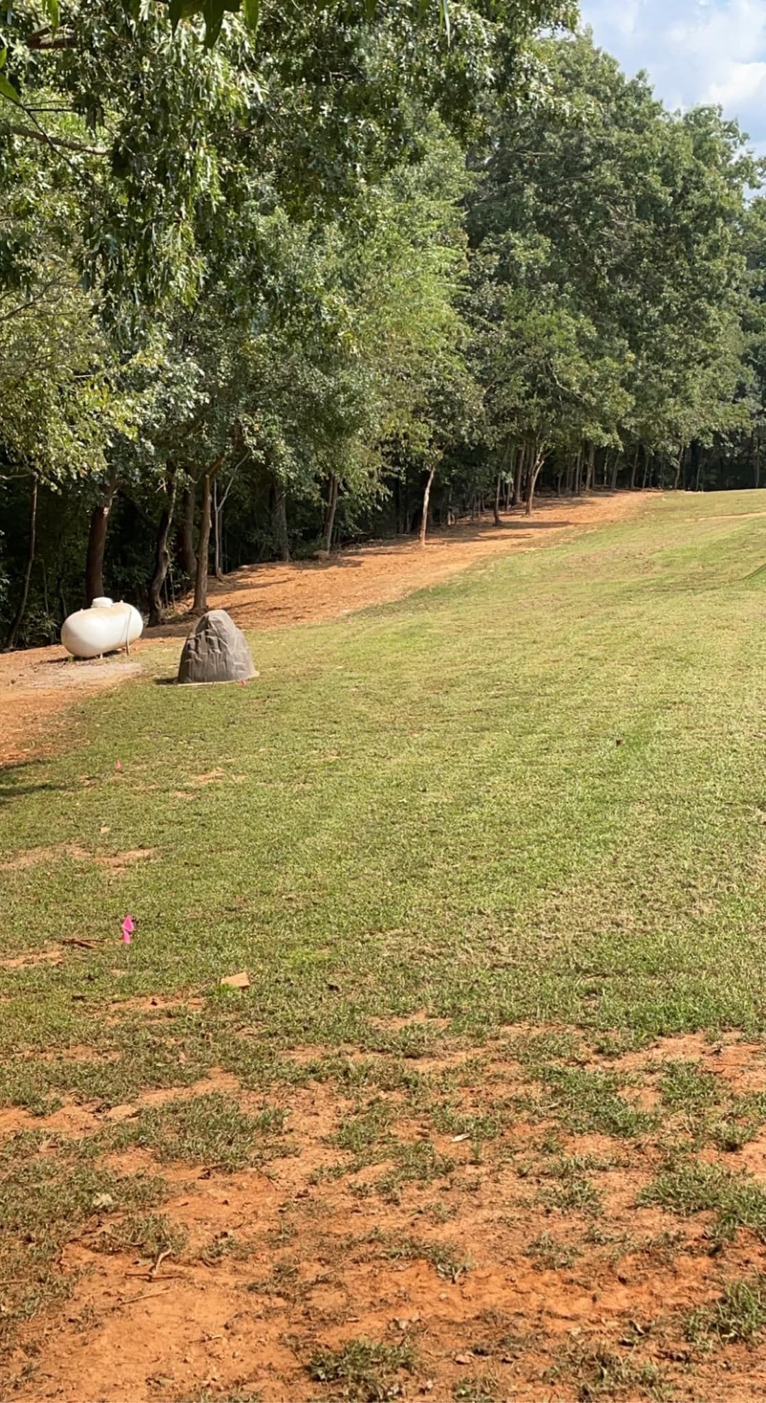 A grassy hillside slopes down toward a line of trees with two propane tanks resting on the ground near the edge.