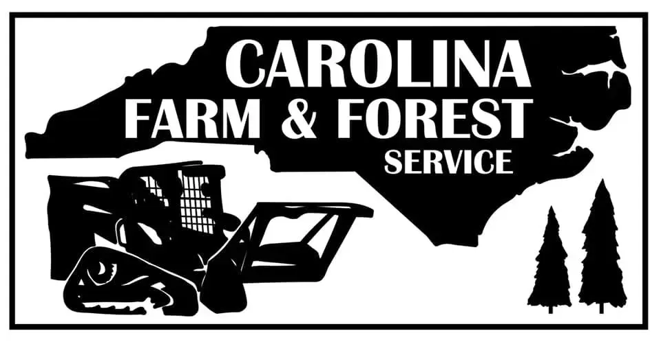 Black and white logo for Carolina Farm & Forest Service, featuring a North Carolina map, a skid steer, and two pine trees.