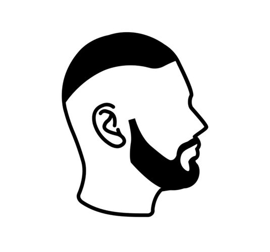 Black-and-white side profile icon of a bearded head with short hair and ear visible