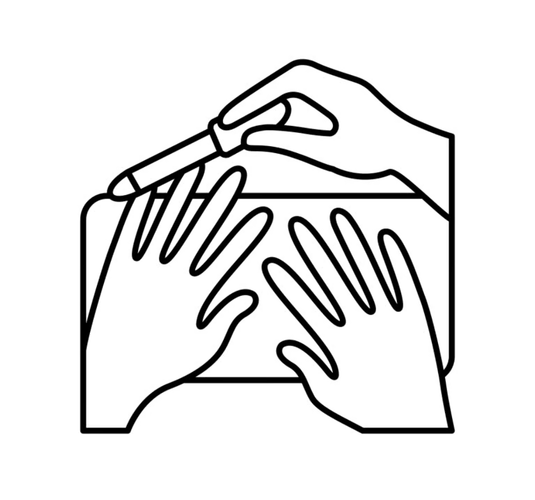 Hands and a brush drawing on a surface, black-and-white line icon