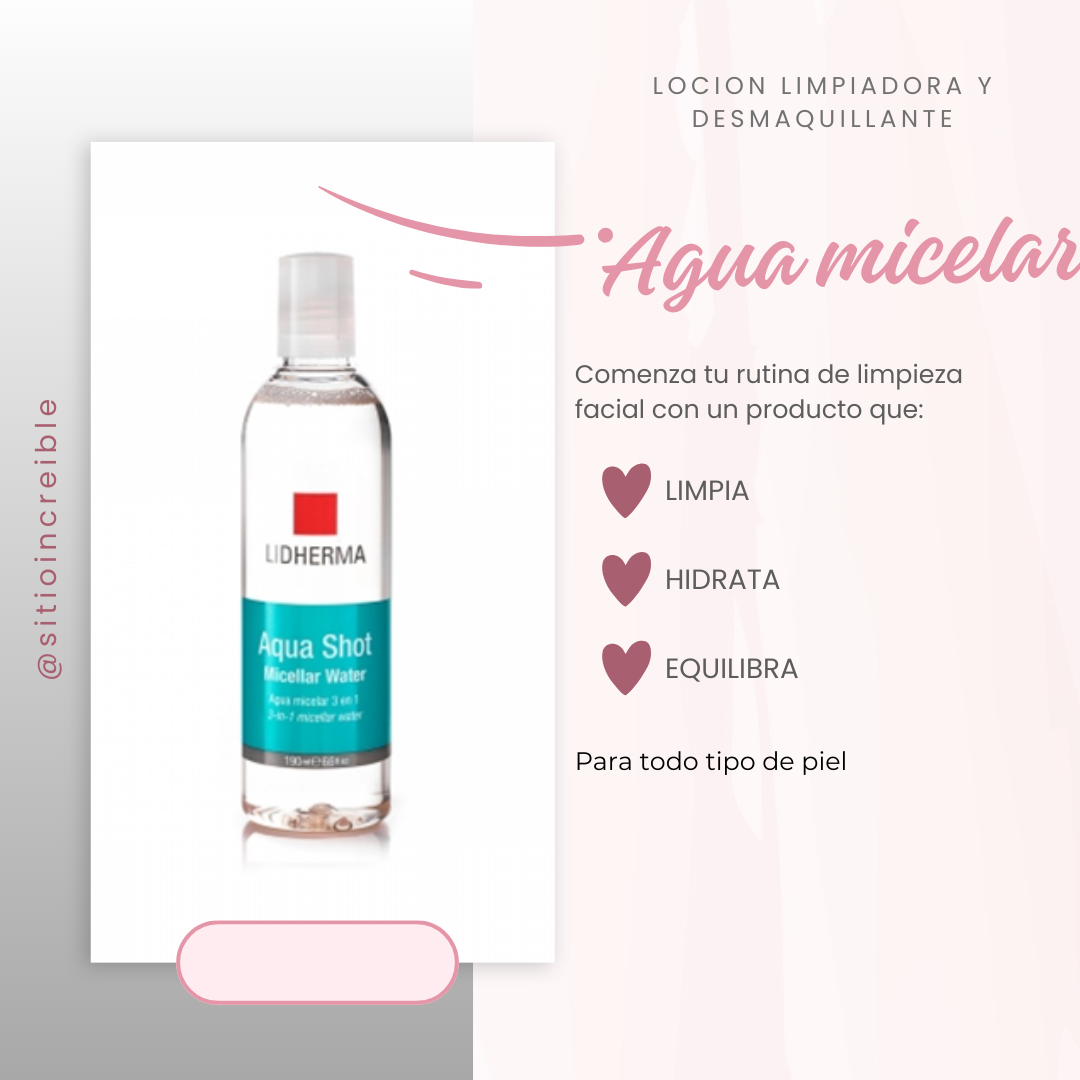 Botella de agua micelar L'Herma. Texto: «Limpia, hidrata, equilibra». Para todo tipo de piel.