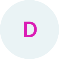 Pink circle with a white center containing a purple letter D.