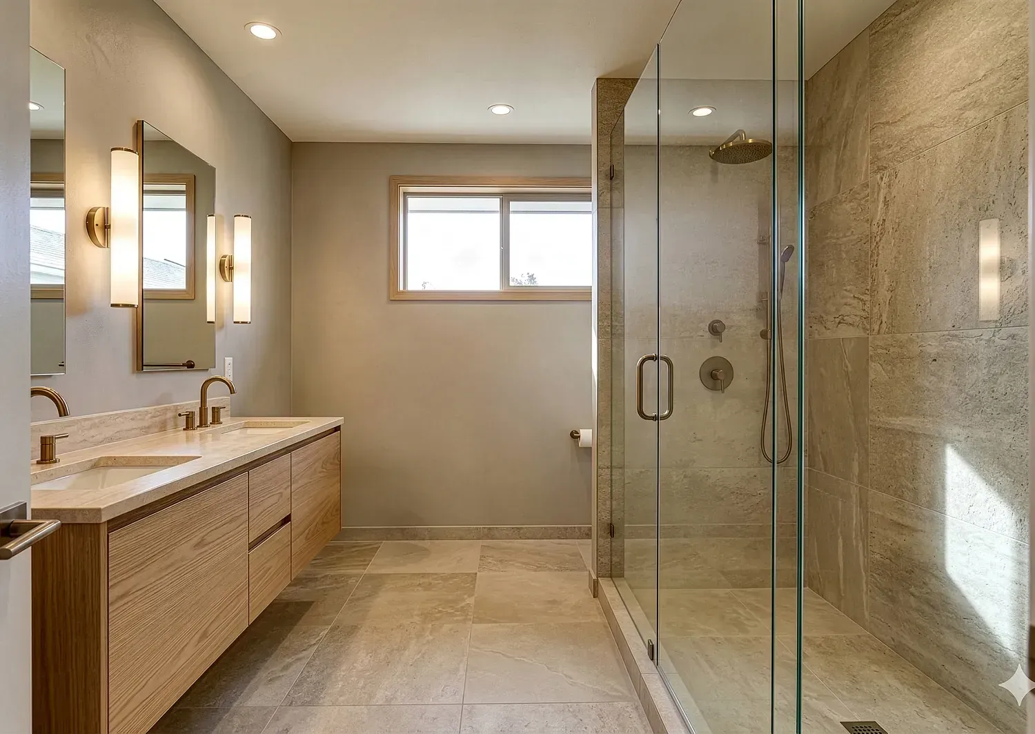 Modern beige bathroom with double vanity, glass shower, and small window, labeled “AFTER”