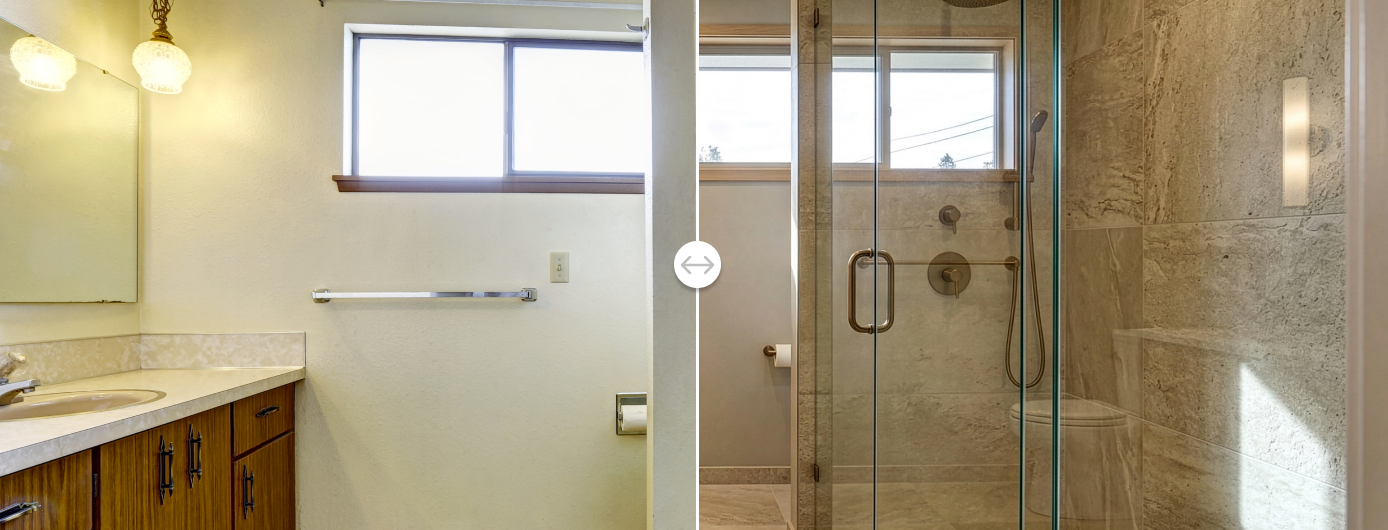 Accessible bathroom with vanity, toilet, window, and glass shower stall