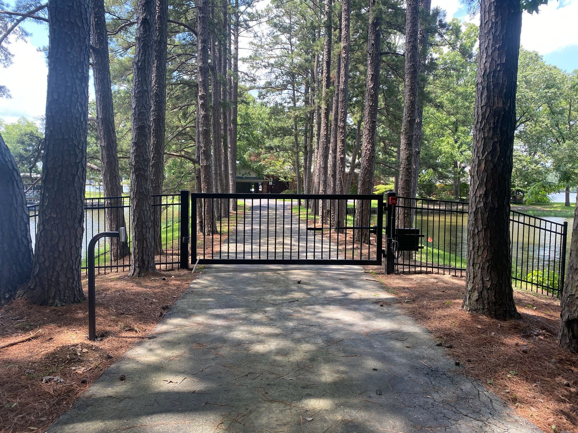 Black gate on a gravel path lined with tall trees, leading towards a building in the distance.