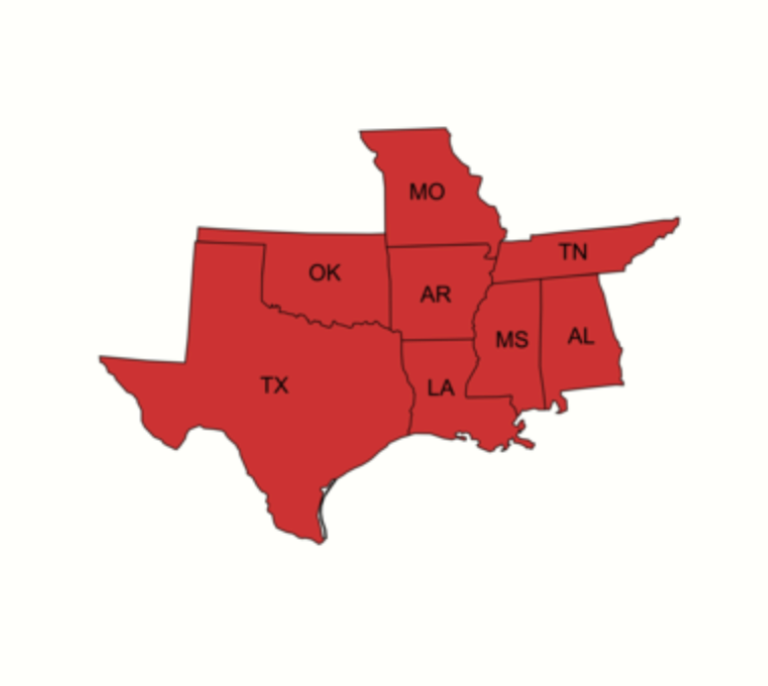 Map of Arkansas with red pins marking cities: Hot Springs, Little Rock, Conway, Searcy, Arkadelphia, and Texarkana.
