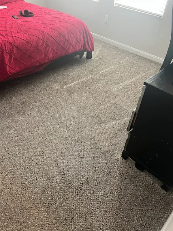 A bedroom with a bed , nightstand , and carpet.