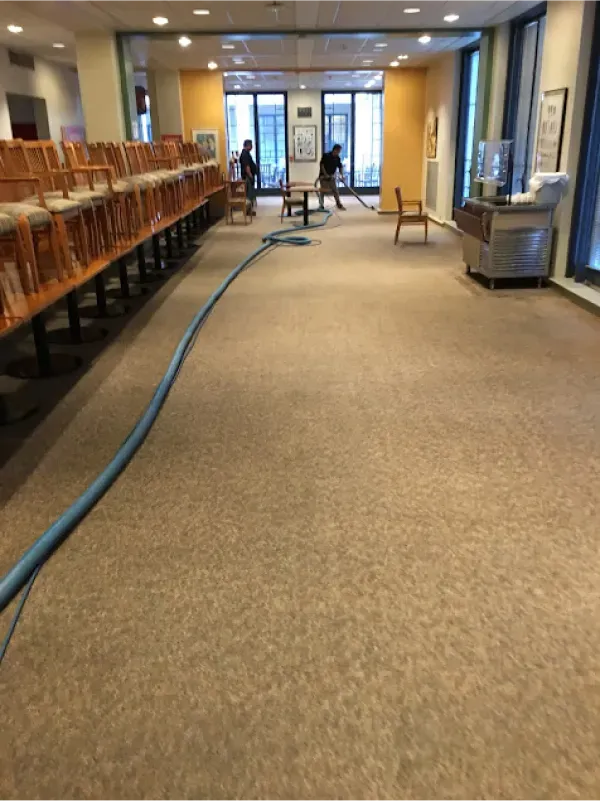 A large room with chairs and a blue hose