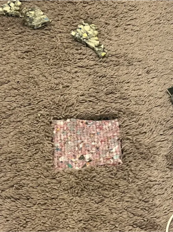 A piece of fabric is sitting on top of a brown carpet.