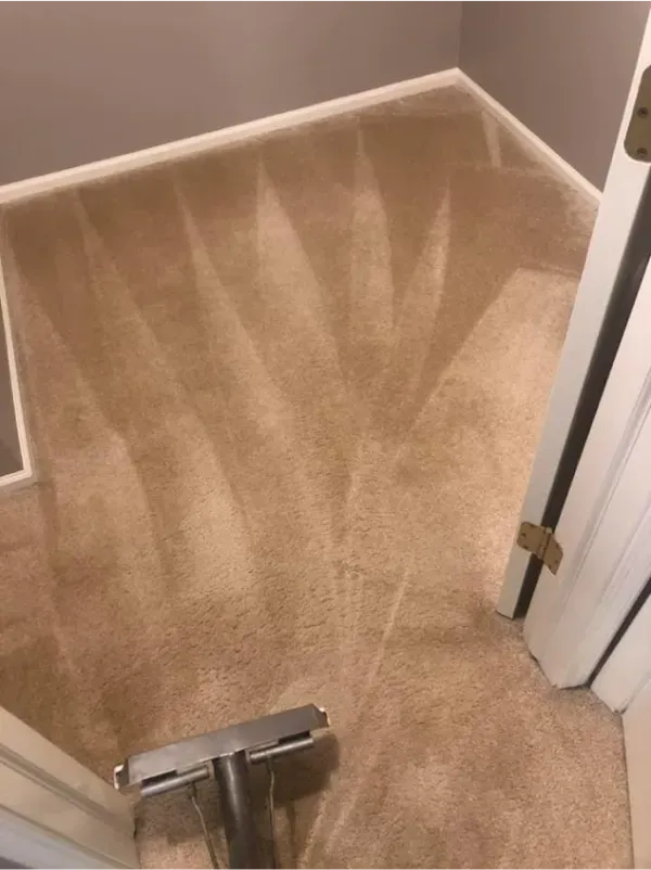 A vacuum cleaner is sitting on the floor of a room next to a door.