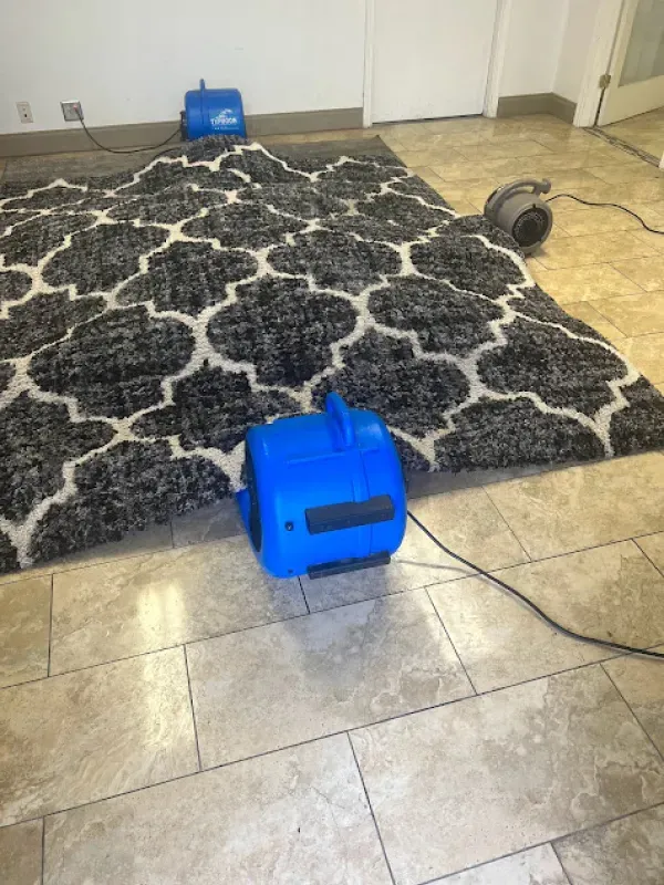 A blue dryer is sitting on top of a rug on a tiled floor.