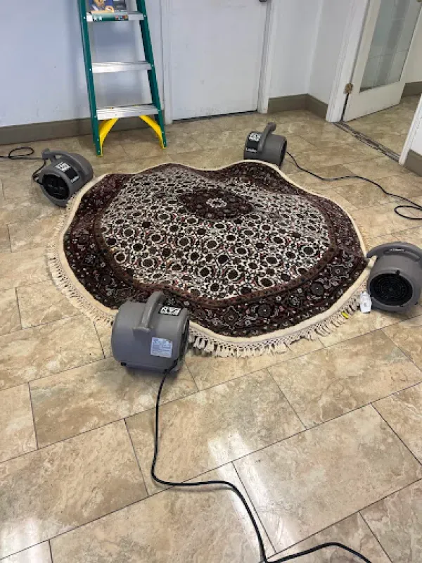 A round rug is sitting on a tiled floor next to a ladder.